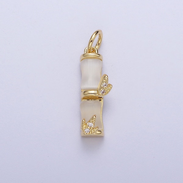Gold Off White Cat's Eye Bamboo Pendant, 14K Gold Plated Micro Paved CZ Bamboo Leaf Natural Cat's Eye Gemstone Charm | C-444, C-521