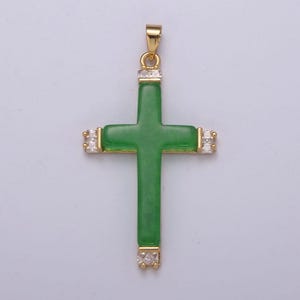 Long green jade cross pendant for necklace 24k gold filled cross ah-345