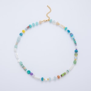 Rainbow Beaded Necklace, Knotted Gemstone Necklace, Mix Shape Colorful Candy Necklace, Pastel Rainbow Gemstone Rondelle Necklace WA-3312