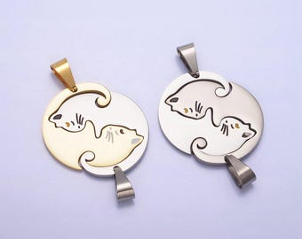 1 set stainless steel sleeping kitty cat couple's friendship pendant set in gold & silver kitten animal lover pet jewelry collar | p-1122