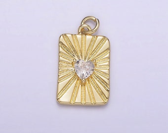 14K Gold Filled Clear CZ Heart Celestial Sun burst Ray Tag Rectangular Charm | AG214