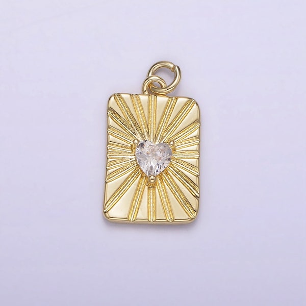 14K Gold Filled Clear CZ Heart Celestial Sun burst Ray Tag Rectangular Charm | AG214