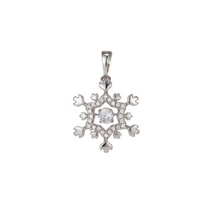 May include: A silver snowflake pendant with a clear crystal in the center. The snowflake is adorned with smaller crystals around the edges.