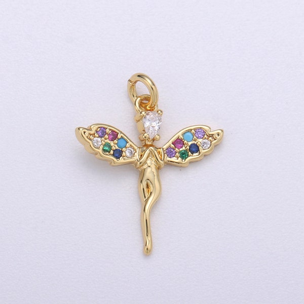 14k Gold Angel Charm Micro Pave Angel Charm, Rainbow Cubic Charms, CZ Gold Colorful Charm, Dainty Minimalist Jewelry Supply, chgf-518