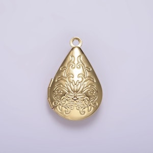14k gold filled flower vine leaf teardrop dome minimalist locket charm | AA1328