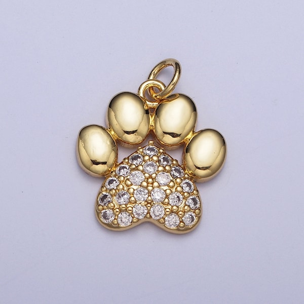 Pet Paw Print Pendant, 24K Gold Plated Dog Cat Bear Animal Paw Prints with Clear Micro CZ Pave Charm, Cute Pet Animal Paw Print | AG116