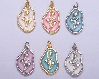 1Pc Gold Tulip Charms Blue, White, Pink Enamel Flower charm Abstract Oval Charm Medallion for Necklace Bracelet AC1117