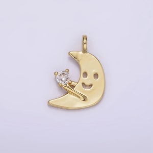 14k gold filled happy faced celestial crescent moon cz charm kids jewelry add on charm bracelet charm | n-1880