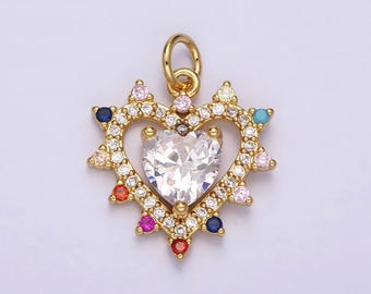 14k gold filled double heart micro paved multicolor cz dotted outline charm | ag523