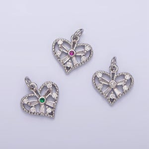 White gold filled clear, fuchsia, green, baguette flower cz open heart charm | n1142 - n1144