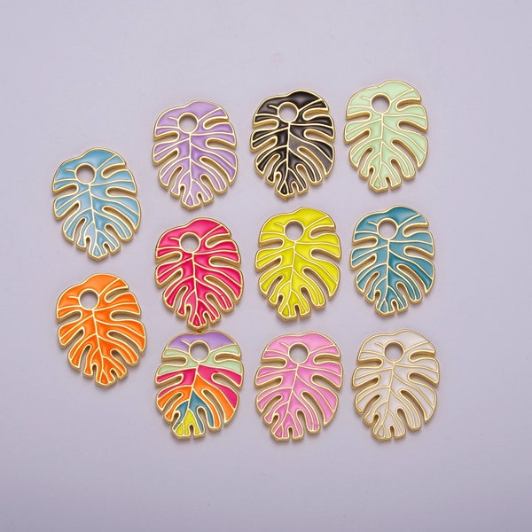 Colorful Enamel Tropical Monstera Leaf Plant Charm Necklace Bracelet Earring Pendant Gold Filled Leaf Nature Charm Large Leaf Charm