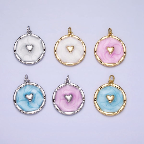 1Pc Gold Heart Charms Blue, White, Pink Enamel Love charm Decorative Round Disc Charm Medallion for Necklace Bracelet AC633