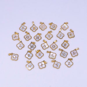Gold Pearl Letter Charm Gold Clover Alphabet Charm Shell Letter Pendant Personalized Initial Charm Stainless Steel Tarnish Free A741