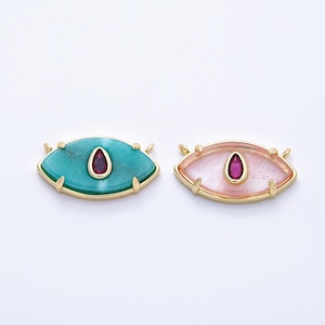 16K Gold Filled 22.5mm Aquamarine, Pink Quartz Fuchsia CZ Evil Eye Connector Statement Stone Charms DIY Jewelry Supply | Connectors-00009