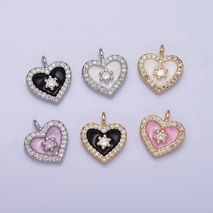 16k gold filled white, black, pink enamel micro paved cz heart charm in gold & silver | ac1300 - ac1305