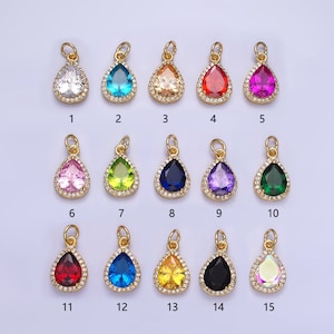 Dainty Gold Birthstone Charm, Teardrop Crystal Micro Pave Bracelet Charm Personalized Jewelry Necklace Charm DIY Jewelry Component W696