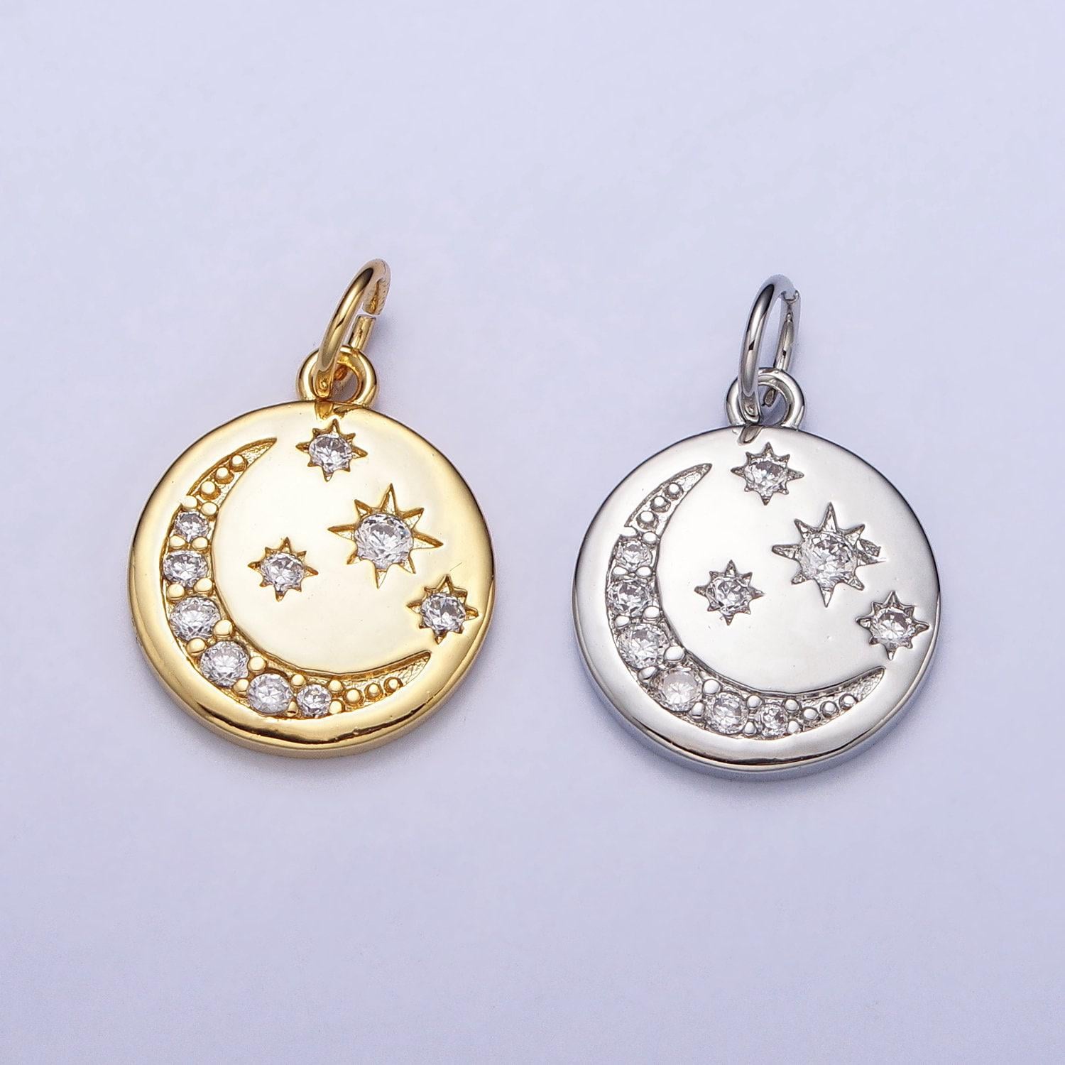 16k gold filled celestial crescent moon micro paved cz round charm in gold & silver | ac1282 ac1283