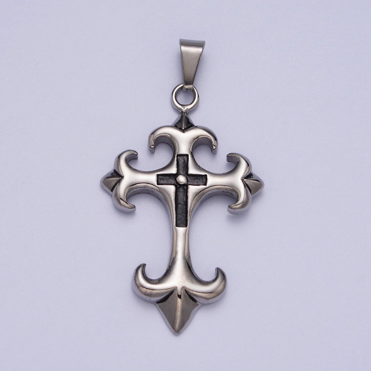 Hard Cross Necklace, Men Silver Cross Pendant for Statement 