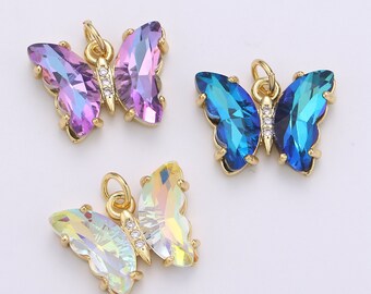 1pc Large Clear, Blue, Purple Wings Butterfly 24k Gold  Micro Pave CZ Mariposa Pendant Charm  Pendant, CHGF-1999,2000,2001