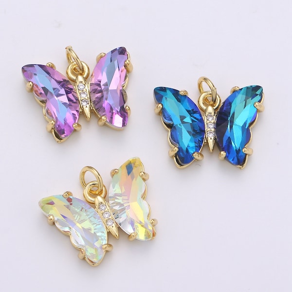 1pc Large Clear, Blue, Purple Wings Butterfly 24k Gold  Micro Pave CZ Mariposa Pendant Charm  Pendant, CHGF-1999,2000,2001