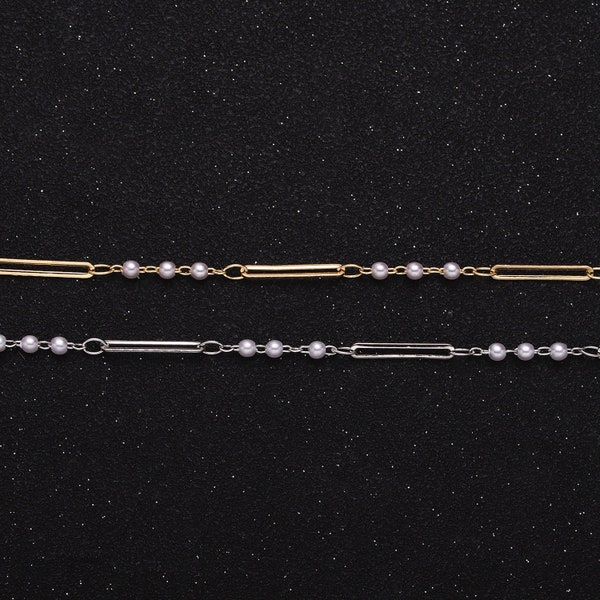 Dainty 16K Gold Filled 2.5mm Designed Triple Pearl Paperclip Link Unfinished Chain in Gold & Silver | ROLL-1335 ROLL-1336