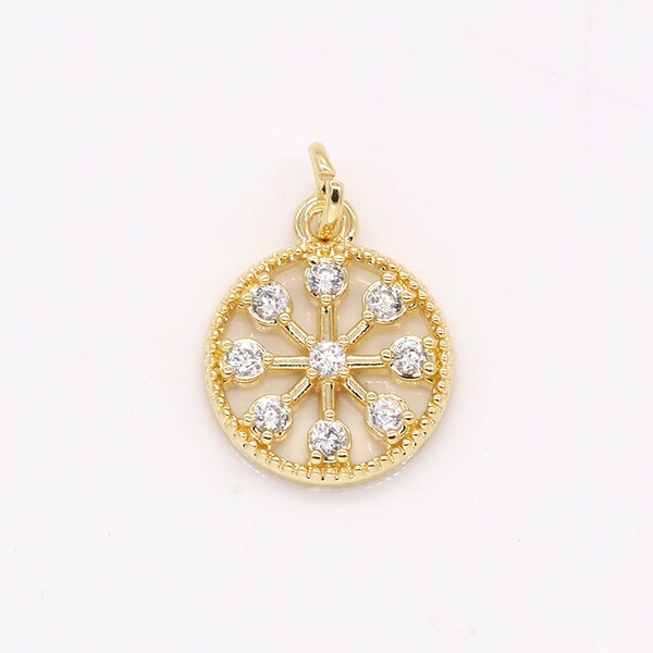 Gold plated Brass Round Wheel Charm 12.8mm, CZ paved Wheel Pendant-214