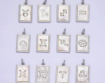 Astrology zodiac symbol charms in silver square tag pearl pendant for personalized jewelry making supply a1259
