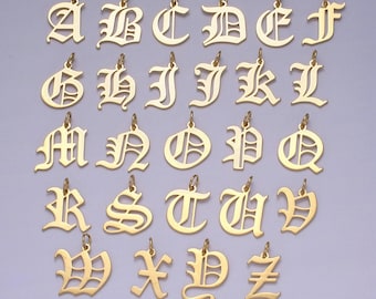 Gold filled charm personalized gothic initial letter charm necklace old english font style, delicate initial necklace for women men