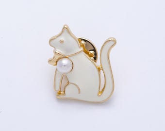 Gold White Acrylic Pearl Enamel Cat Kitten Pet Pin Brooch Playful Faux Pearl Accessory Cat Lover Gift for Her | BH-047