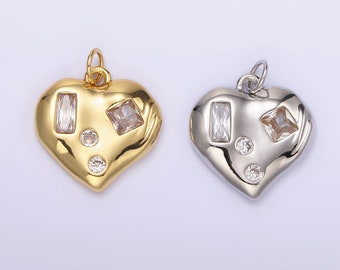 14K Gold Filled Clear CZ Baguette Dotted Molten Heart Charm in Gold & Silver | N1163 N1164