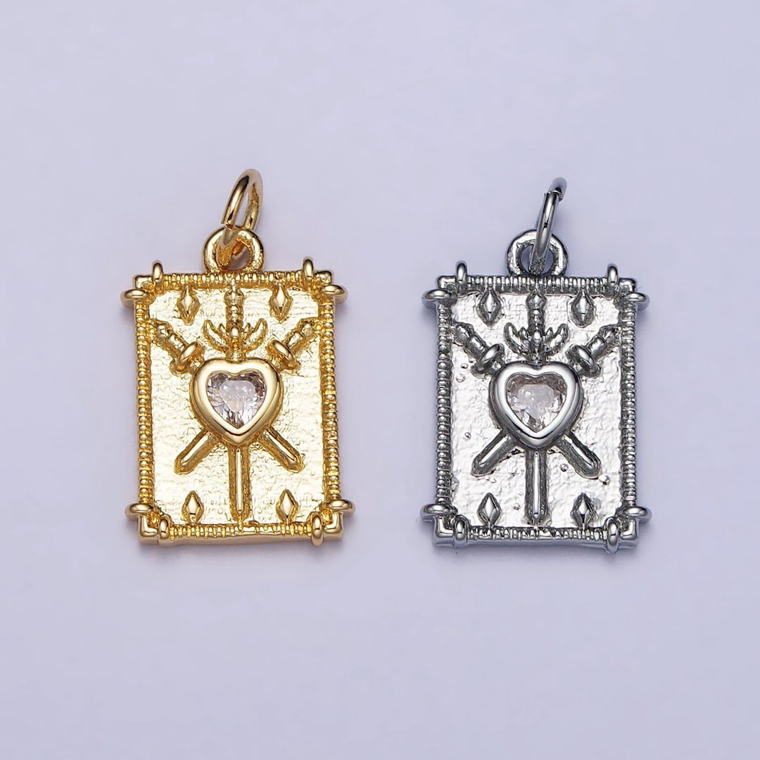 18k Gold Filled Heat Charm Silver Tarot Three Of Swords Card Clear Cz 18k-gold-filled-heat-charm-silver-tarot-three-of-swords-card-clear-cz