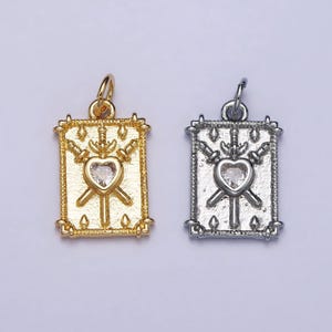 18k gold filled warmte charme zilveren tarot drie van zwaarden kaart helder cz hart rechthoekige bedel | ac997 ac998
