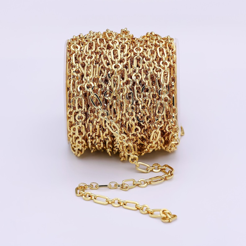 24k gold filled elongated unique paperclip chain by yard, rolo cable link thick 5-7mm, wholesale bulk roll chain for jewelry making, 641 image 3