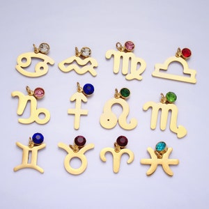 Add on Small Gold Zodiac Charms Birthstone CZ Astrological Zodiac Signs Symbols, Birthday Personalized Horoscope Charm Stainless Steel