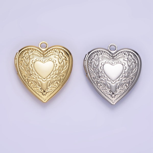 14K Gold Filled Engraved Heart Floral Flower Locket Pendant in Gold & Silver | H049