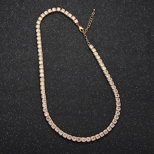 24k gold filled tennis choker necklace Square CZ diamond tennis necklace Clear cubic zirconia stones 17 inch Long | WA2641