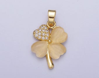 Gold cz jade yellow four-leaf clover pendant, 24k gold plated yellow jade hearts w. clear micro paved cz crystals charm | x-542