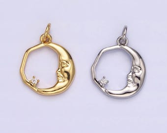 14k gold filled 15mm clear cz open crescent moon face abstract round charm in gold & silver | n1114 n1115