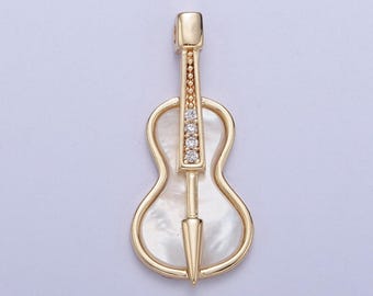 14k gold plated dainty instrument guitar pendant on pearl, micro cz pave cream pearl guitar charm | ag-076