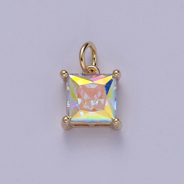 Mini Square Rainbow AB Charm CZ Charm, Aurore Boreale Cubic Zirconia charm, Bijoux 18k Gold Filled