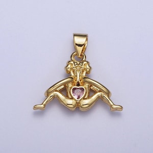 Gold back-to-back couple soulmate pendant, micro pave pink cz love heart center, 24k gold plated eternal love couple charm | x-473