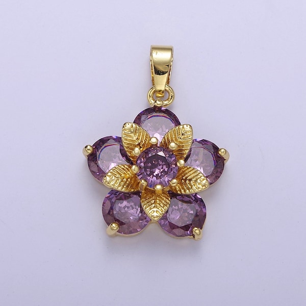 Gold Daisy with Amethyst Purple Cubic Zirconia CZ, Flower Pendant For Jewelry Necklace Making, J-527