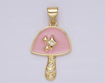Pingente de cogumelo banhado a ouro com zircônia cúbica transparente e rosa, pingente kawaii de cogumelo, delicado pingente de cogumelo, acessório para joias AH-076