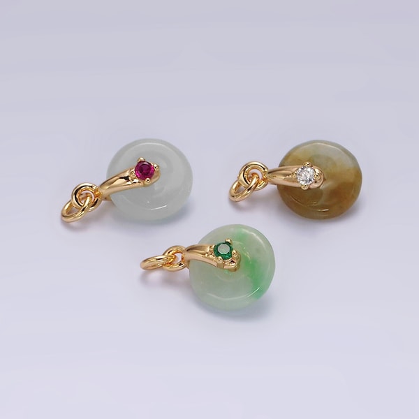 Ciondolo a cauzione con mini ciambella di giada verde fucsia, zirconi verdi riempiti in oro 14K / AG355 AG356