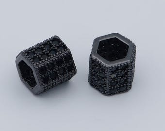 8mm black cz pave on black large hole hexagon tube spacer beads, cubic zirconia tube space beads, men's jewelry findings