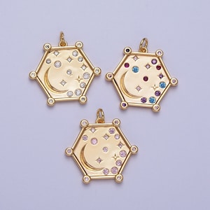 Hexagonal Celestial Moon and Stars Pendant, 16K Gold Plated Celestial Rustic Micro Pave Cubic Zirconia CZ Stone Charms | AG054~AG056