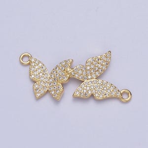 Gold cz double butterflies charm connector, 14k gold plated clear micro paved cz rotated mariposa butterfly link connector | g-565