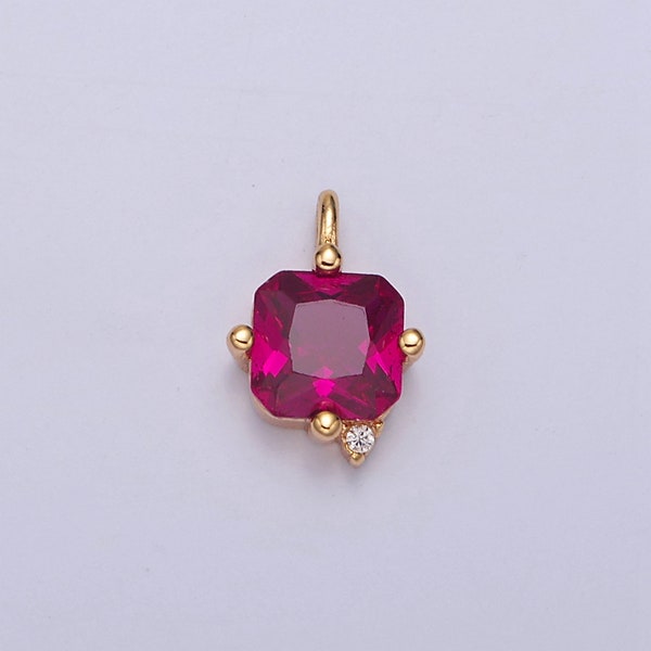 24K Gold Filled Asscher Cut Fuchsia Charm, Dainty Square-Cut Charm For DIY Jewelry Making, J-600