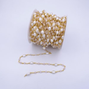 14k gold filled pearl chain, white freshwater pearl rosary chain, bulk chain rose quartz beads beaded unfinished chain by yard roll-1213