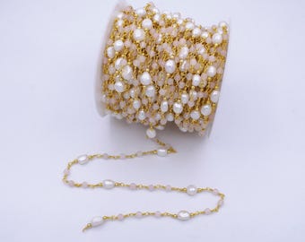 Cadena de perlas bañada en oro de 14 quilates, rosario de perlas blancas de agua dulce, cadena a granel con cuentas de cuarzo rosa, cadena sin terminar cortada a medida, rollo 1213